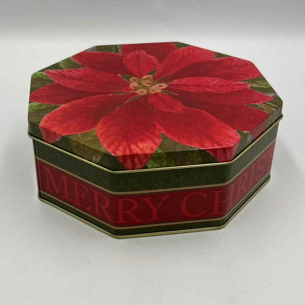 Winterhill Studios Christmas Tin Unisex OS Red NWOT Poinsettia Octagon